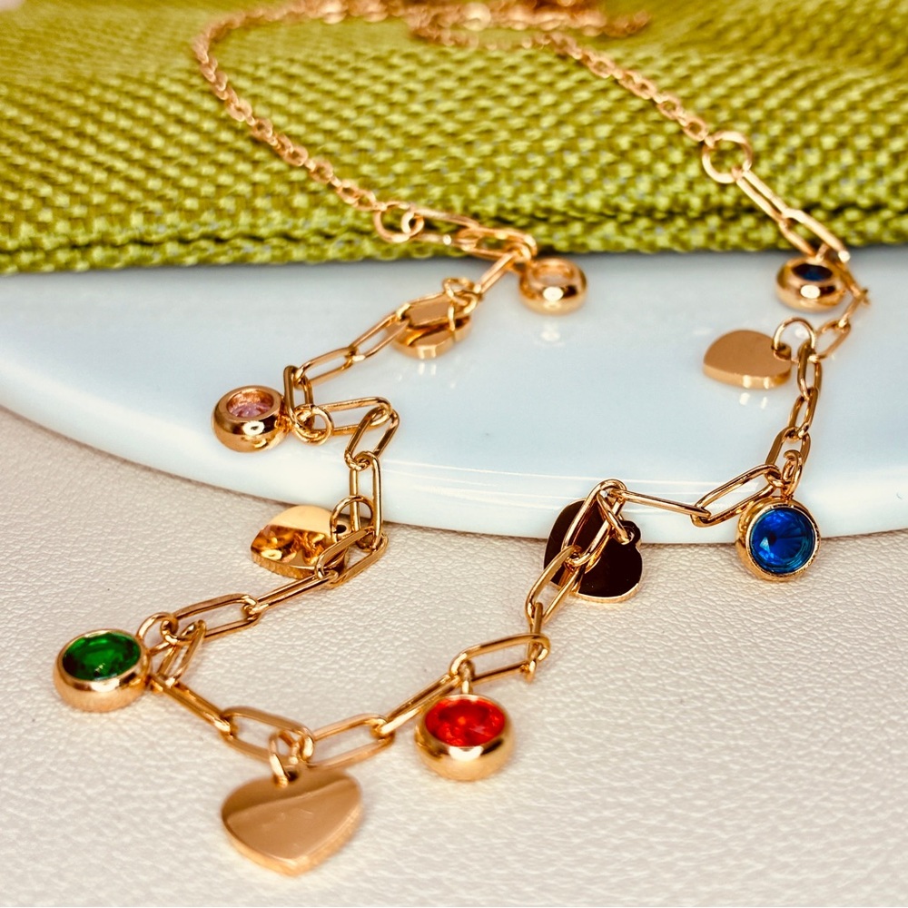 Free People Gold Paper Clip Necklace with Multicolor Crystals & Hearts Charms - Picture 1 of 8